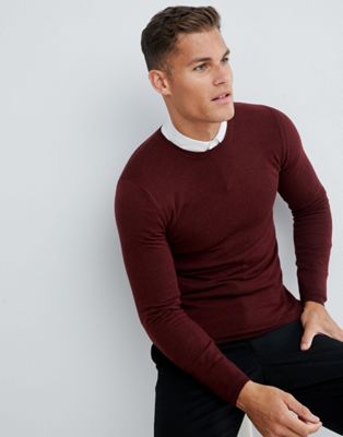 ASOS DESIGN muscle fit merino wool jumper in burgundy | ASOS