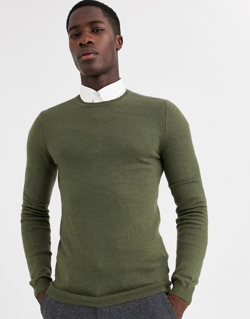 ASOS DESIGN muscle fit merino wool jumper in khaki-Green