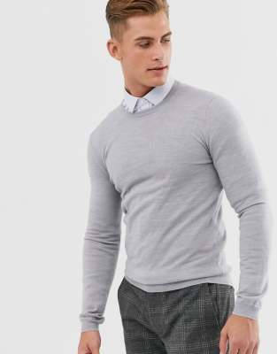 ASOS DESIGN muscle fit merino wool jumper in light grey marl