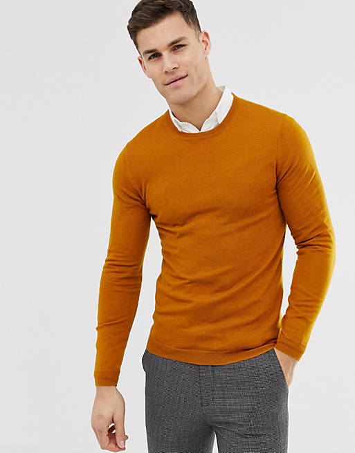 ASOS DESIGN muscle fit merino wool jumper in mustard | ASOS