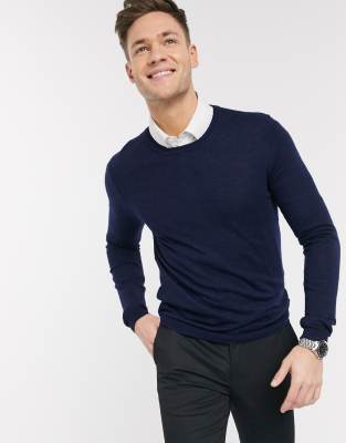 ASOS DESIGN muscle fit merino wool jumper in navy