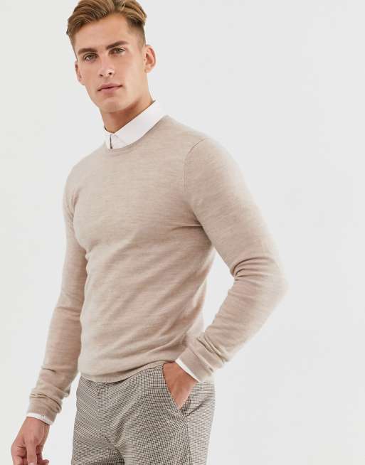 ASOS DESIGN muscle fit merino wool jumper in oatmeal