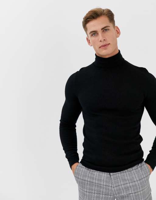 ASOS DESIGN muscle fit merino wool roll neck jumper in black