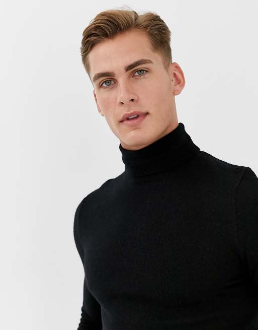 ASOS DESIGN muscle fit merino wool roll neck jumper in black