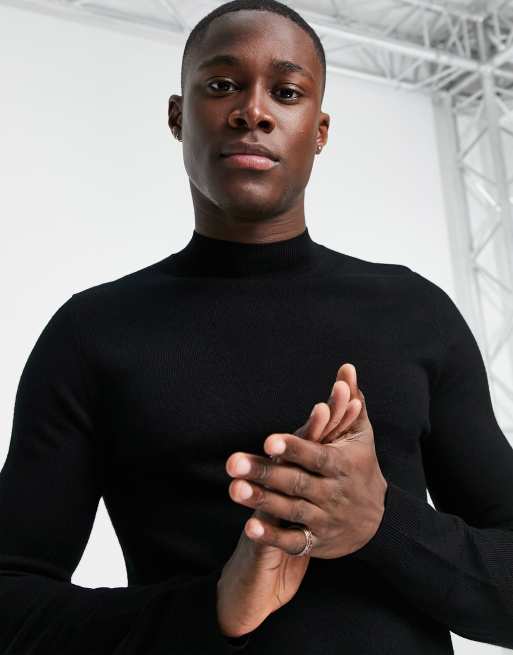 Asos design muscle fit ribbed roll neck jumper in on sale black