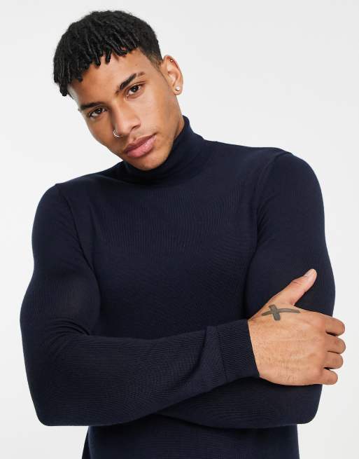 Asos design muscle fit ribbed shop roll neck jumper in black