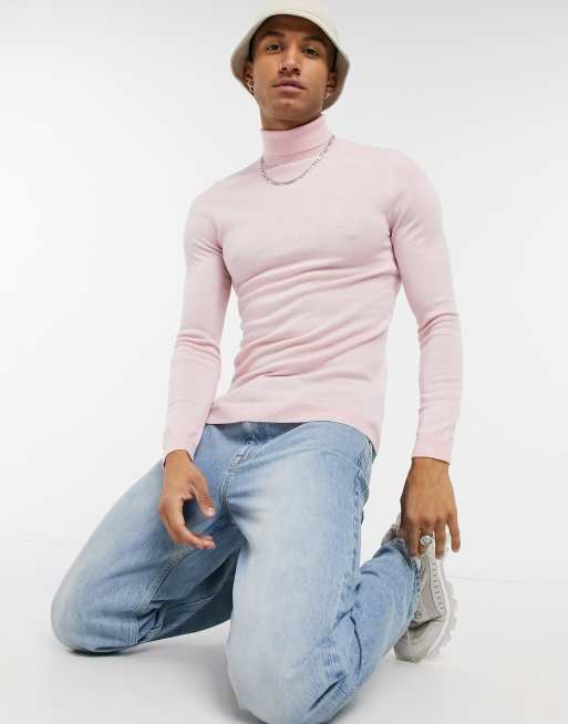 ASOS DESIGN muscle fit merino wool roll neck jumper in pale pink twist