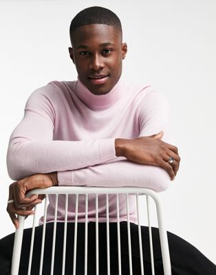 ASOS DESIGN muscle fit merino wool roll neck jumper in pink