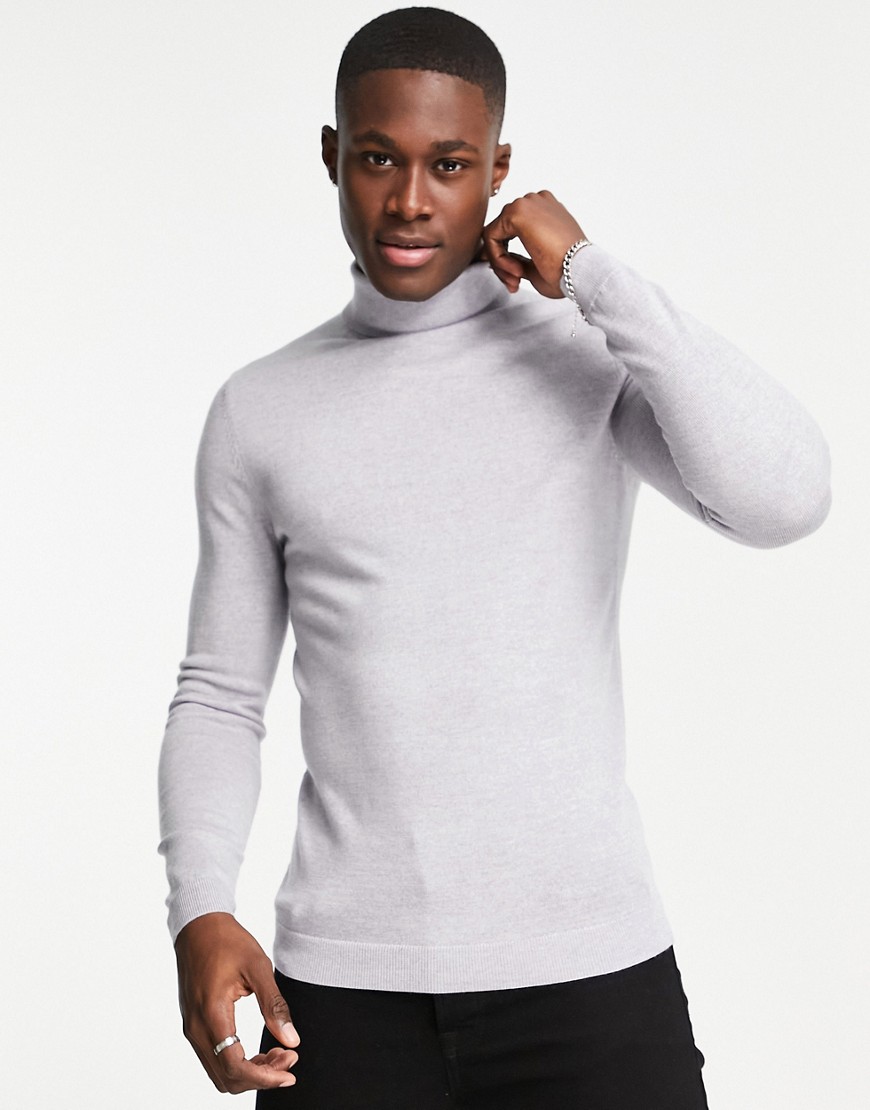 ASOS DESIGN muscle fit merino wool roll neck sweater in light gray-Grey