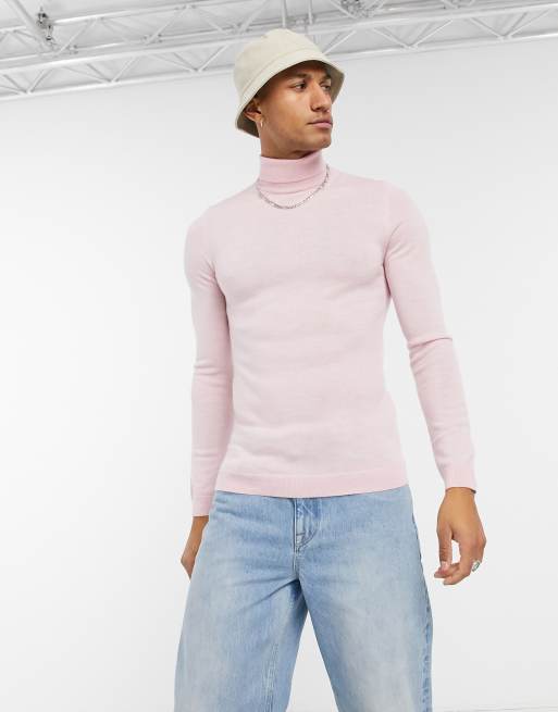 ASOS DESIGN muscle fit merino wool roll neck sweater in pale pink twist