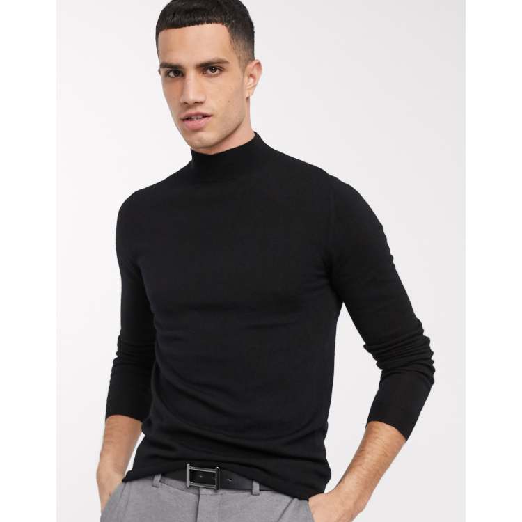 ASOS DESIGN muscle fit merino wool turtle neck jumper in black