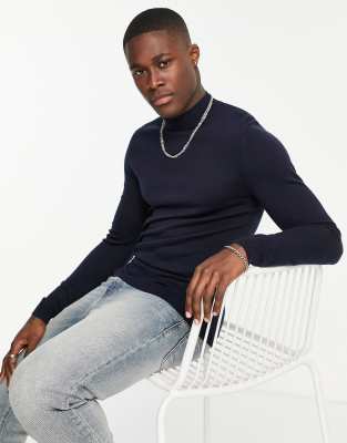 ASOS DESIGN muscle fit merino wool turtle neck jumper in navy - ASOS Price Checker