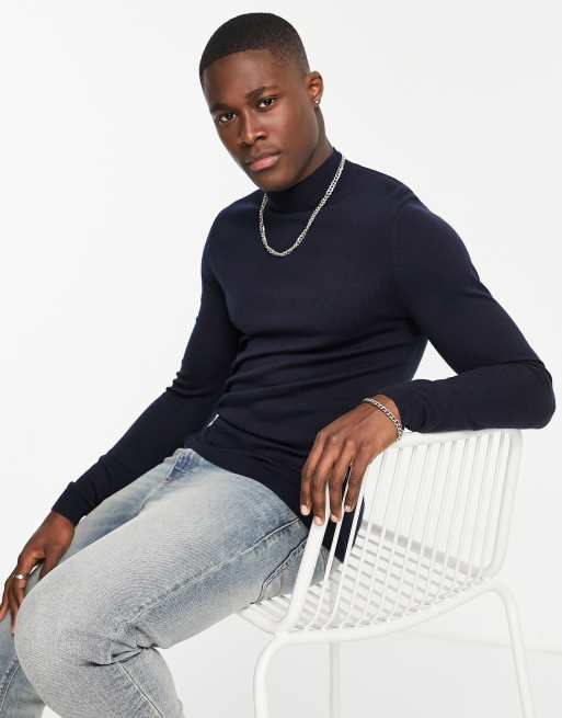 ASOS DESIGN muscle fit merino wool turtle neck jumper in navy ASOS