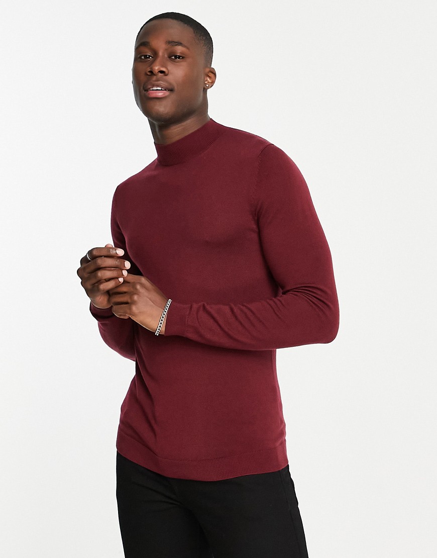 ASOS DESIGN muscle fit merino wool turtleneck sweater in burgundy-Red
