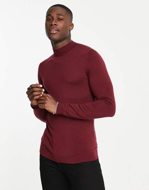 ASOS DESIGN muscle fit merino wool turtleneck sweater in burgundy | ASOS