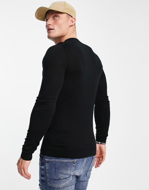 ASOS DESIGN muscle fit merino wool v neck jumper in black