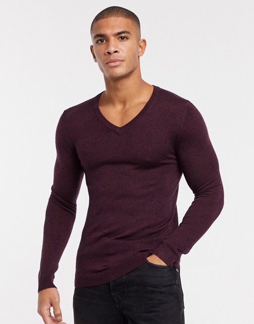 ASOS DESIGN muscle fit merino wool v-neck jumper in burgundy