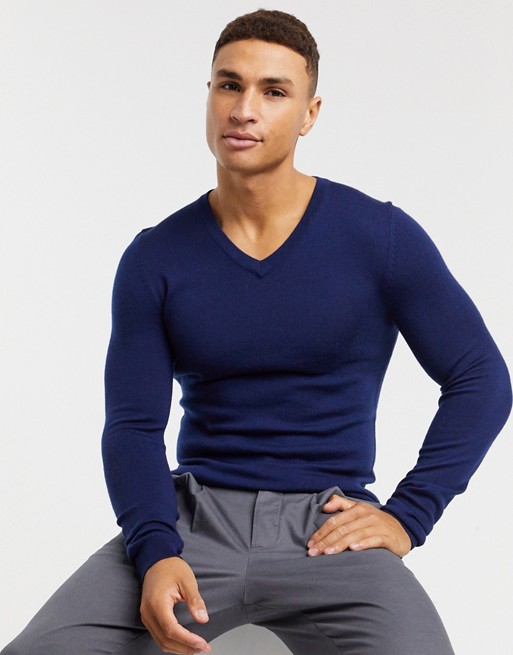 ASOS DESIGN muscle fit merino wool v-neck jumper in navy