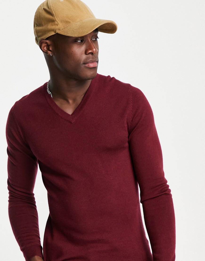 ASOS DESIGN muscle fit merino wool v-neck sweater in burgundy-Red