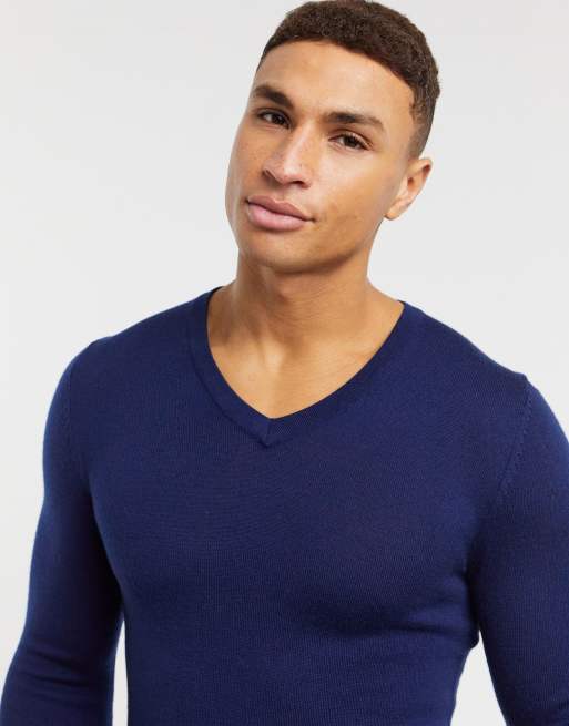 Merino Wool V-Neck Sweater Navy