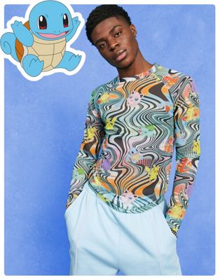 ASOS DESIGN muscle fit mesh long sleeve t-shirt with Pokemon all over prints