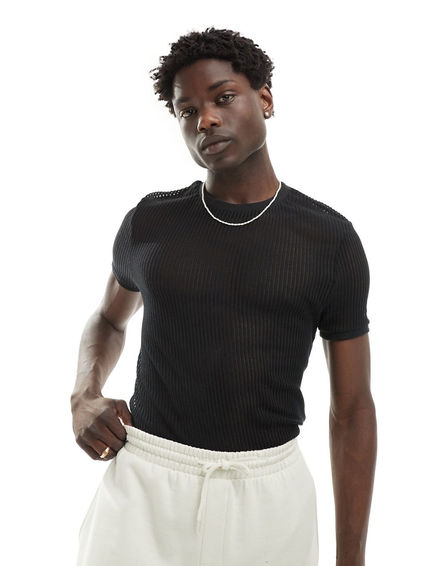 ASOS DESIGN muscle fit mesh t-shirt in black stripe