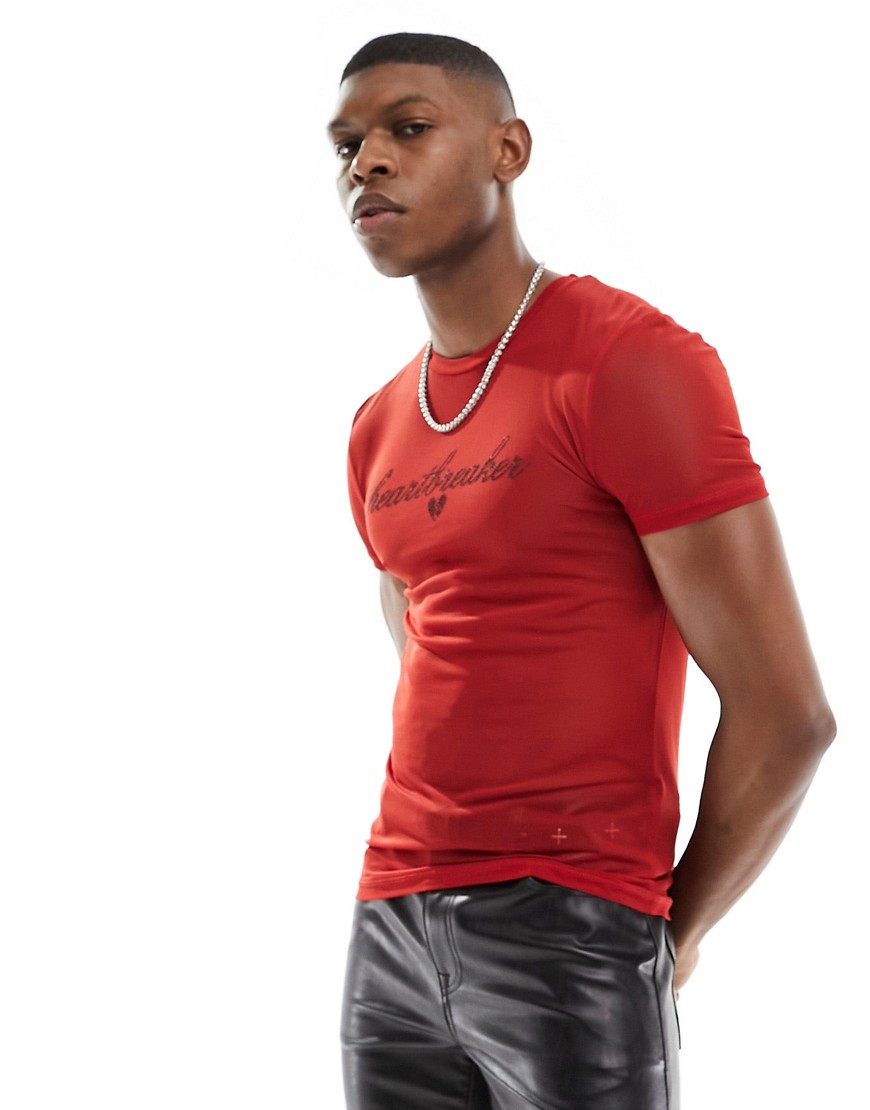ASOS DESIGN muscle fit mesh t-shirt in red with diamante print