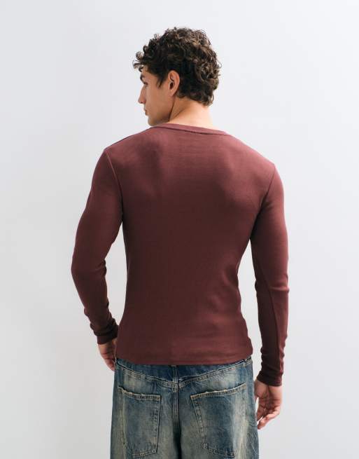 ASOS DESIGN muscle fit notch neck long sleeve top with 1991 varsity print in brown, 4 of 5
