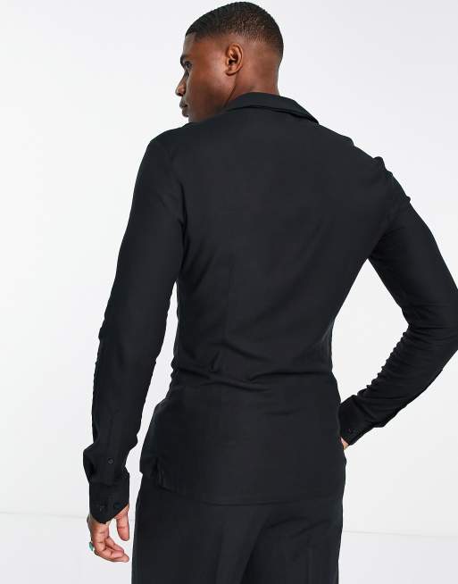 ASOS DESIGN - Muscle fit overhemd van viscose met reverskraag in zwart, 2 van 4