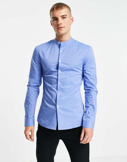 ASOS DESIGN - Muscle fit overhemd zonder kraag in blauw, 3 van 4