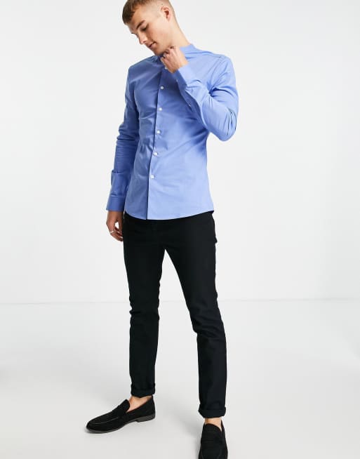ASOS DESIGN - Muscle fit overhemd zonder kraag in blauw, 4 van 4
