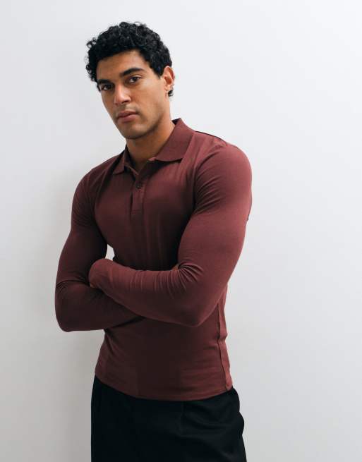 ASOS DESIGN muscle fit pikétröja med långa ärmar i brun, 3 av 5