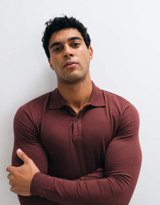 ASOS DESIGN muscle fit pikétröja med långa ärmar i brun, 4 av 5
