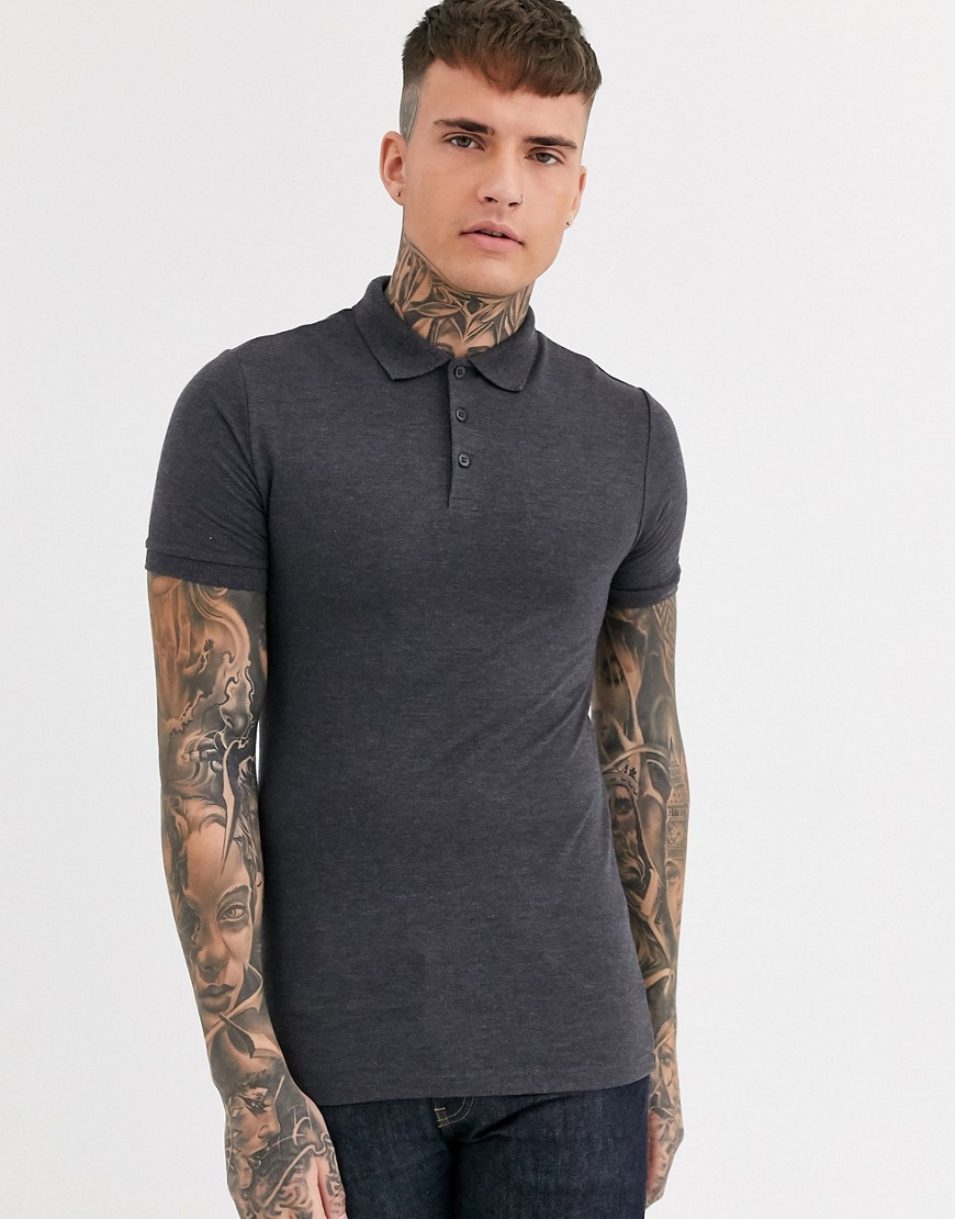 ASOS DESIGN muscle fit pique polo in charcoal marl-Grey