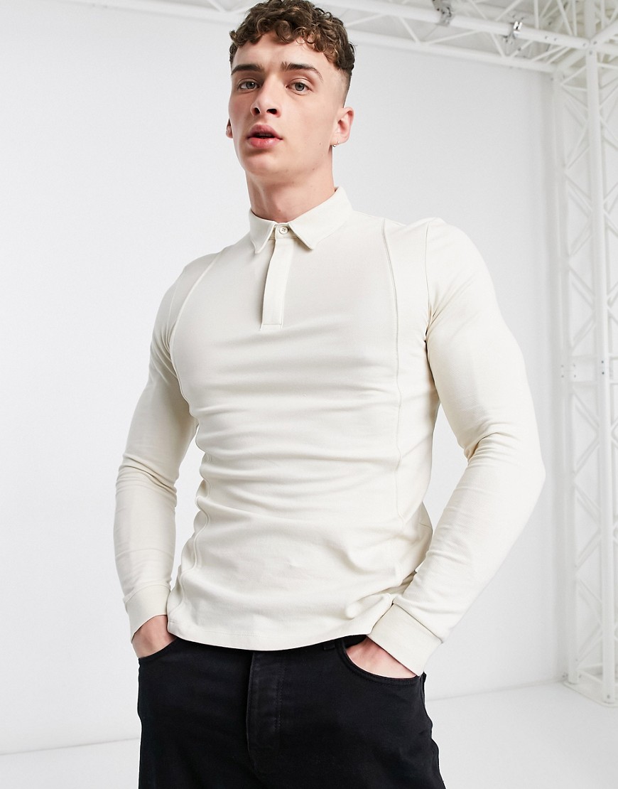 ASOS DESIGN muscle fit pique polo with piping detail in beige-Neutral