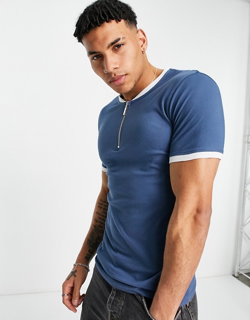 ASOS DESIGN muscle fit pique t-shirt with baseball zip collar in blue