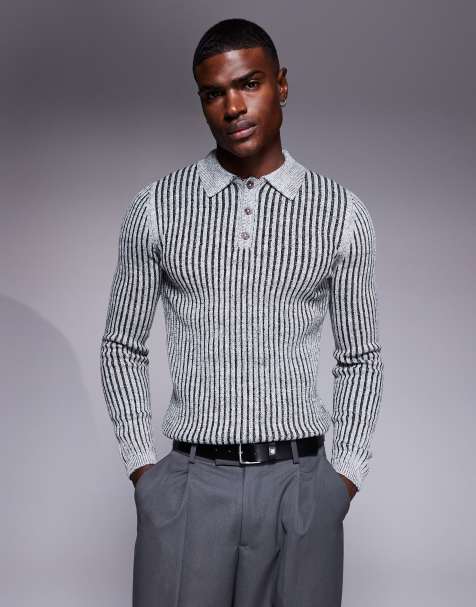 ASOS DESIGN muscle fit knitted plated rib polo in grey - view 1