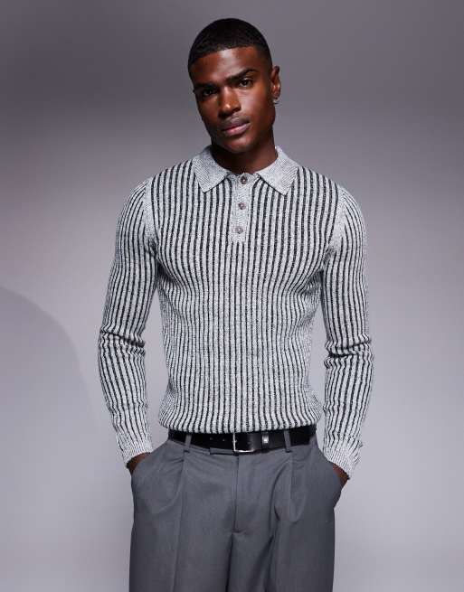 ASOS DESIGN muscle fit plated rib knitted polo shirt in grey