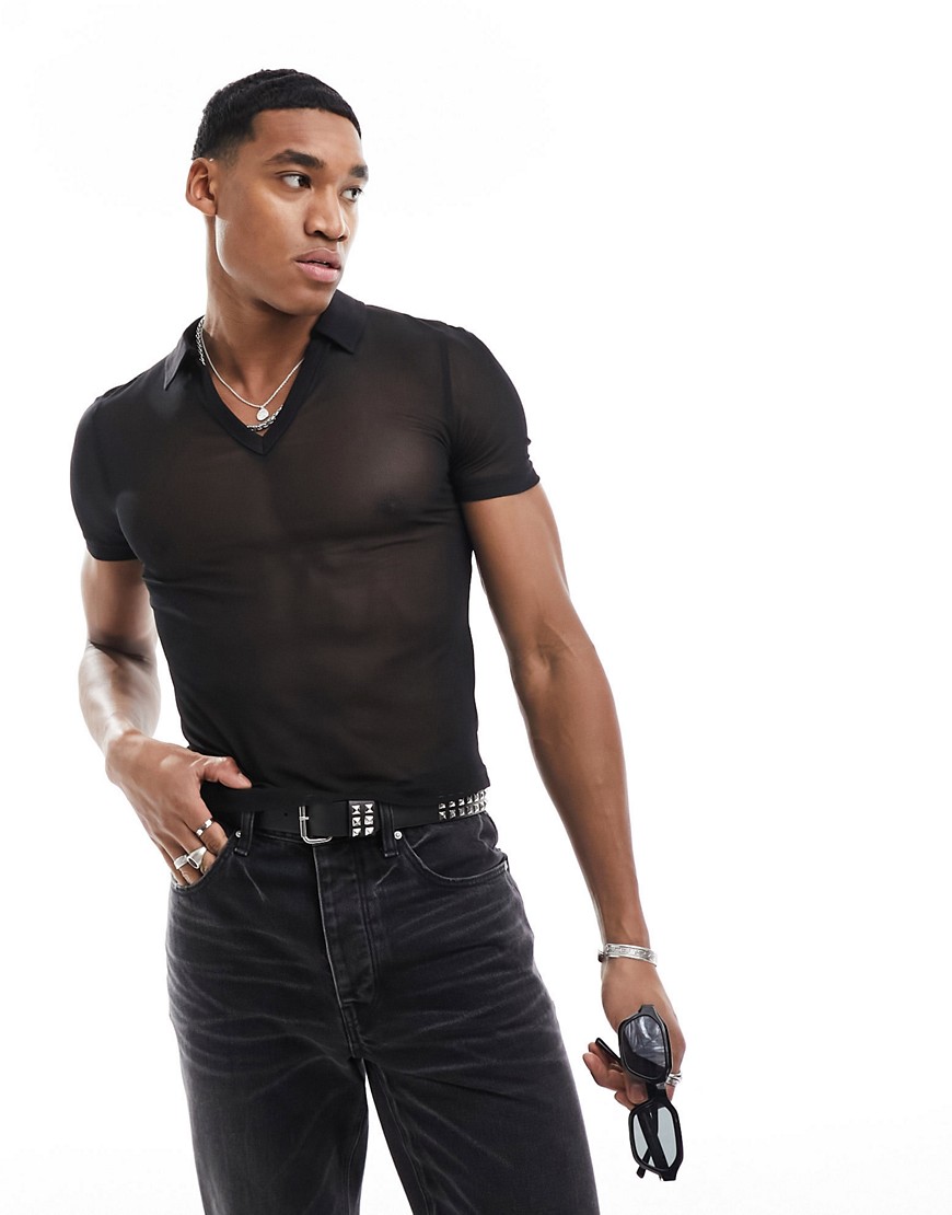 ASOS DESIGN muscle fit polo in black mesh