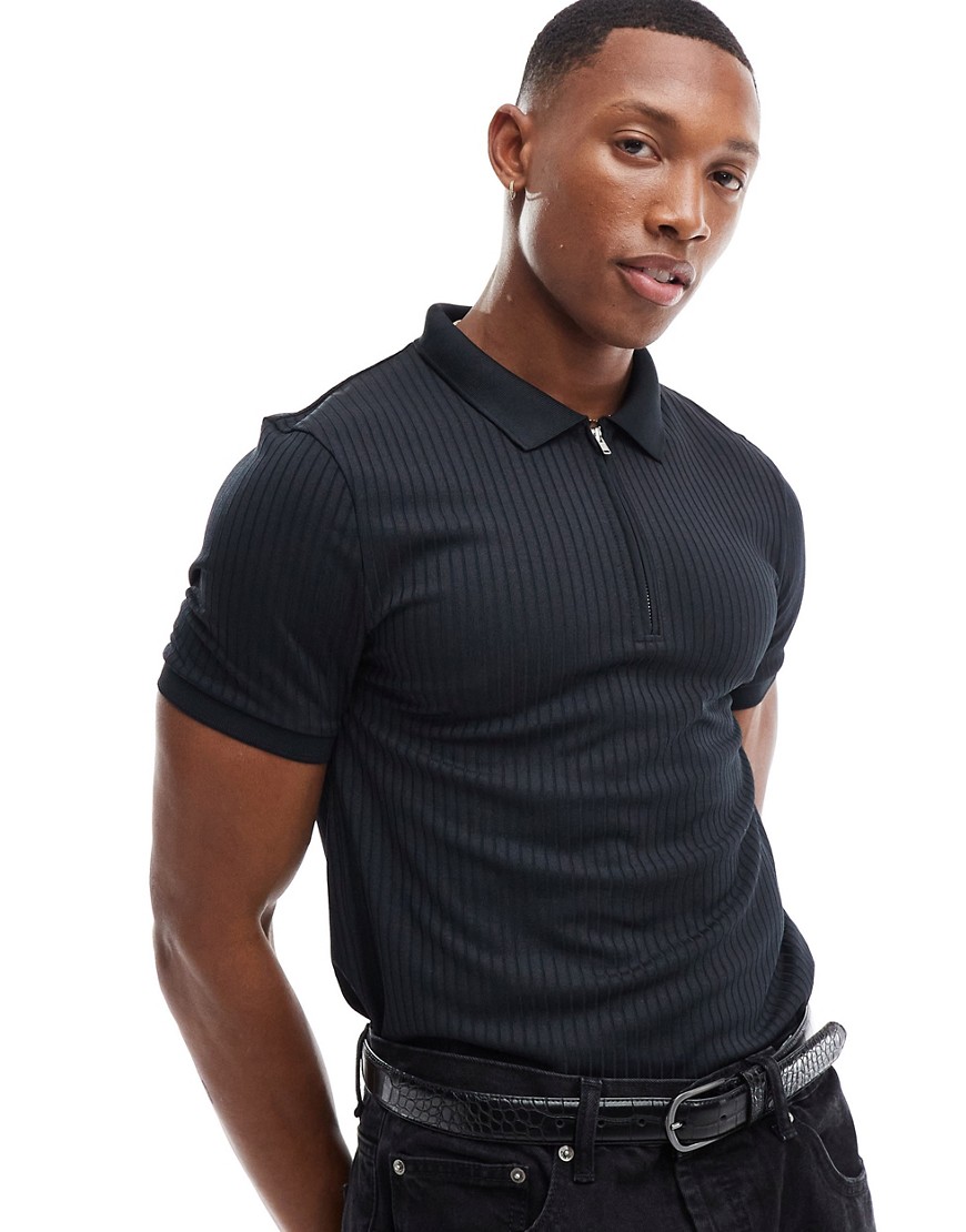 Asos Design Muscle Fit Polo In Black With Silver Zipper