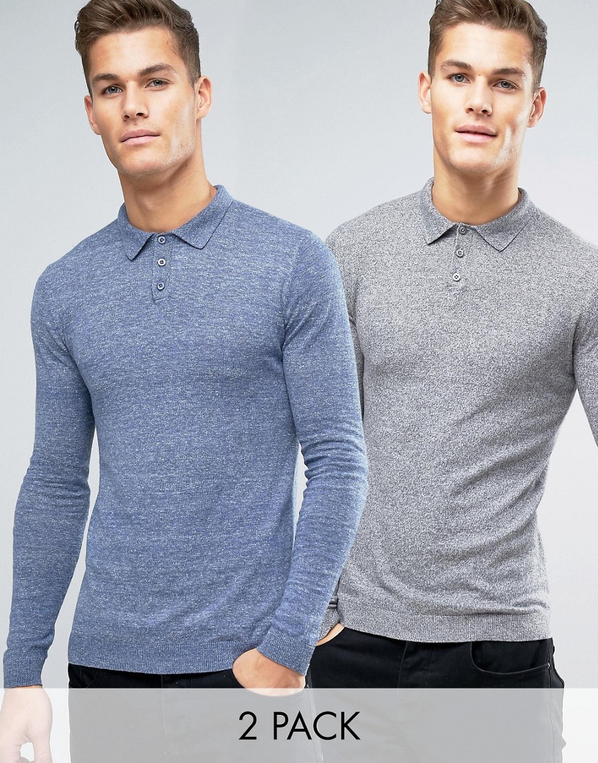 ASOS DESIGN muscle fit polo in blue / grey 2 pack save-Multi