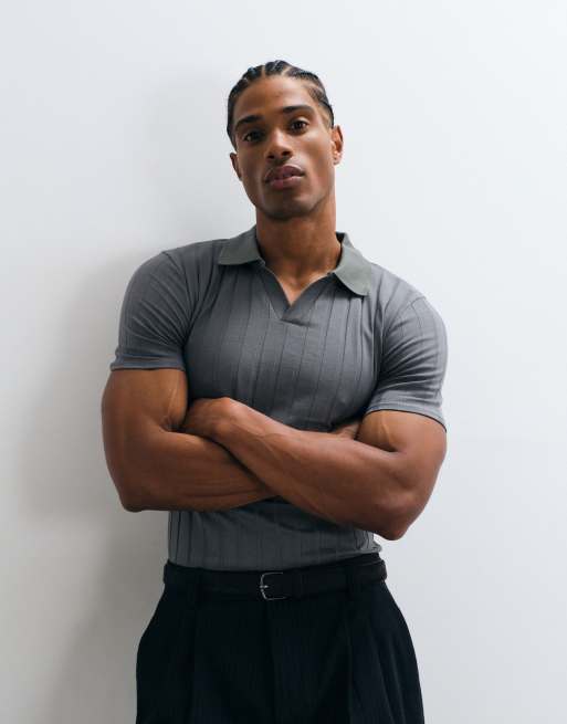 ASOS DESIGN muscle fit polo in charcoal wide rib, 2 of 5