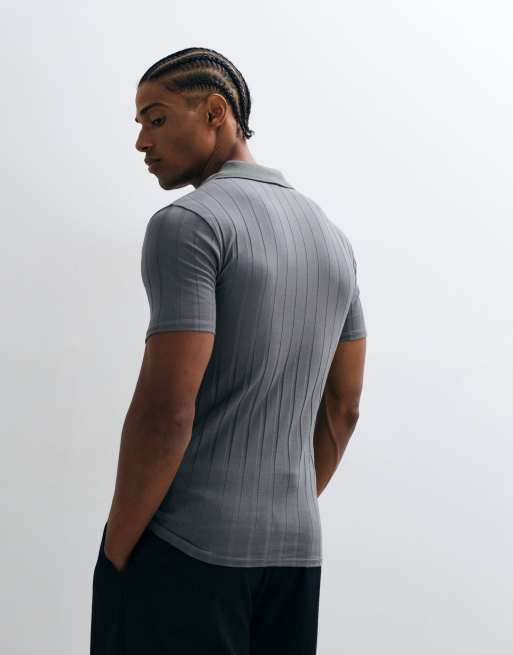 ASOS DESIGN muscle fit polo in charcoal wide rib, 4 of 5