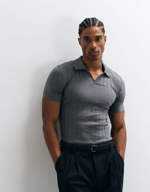 ASOS DESIGN muscle fit polo in charcoal wide rib, 5 of 5