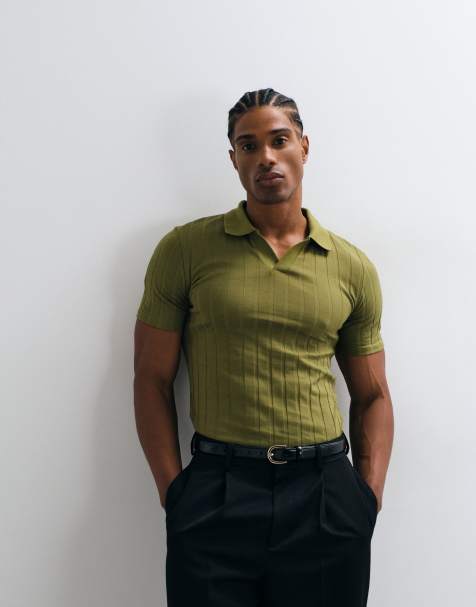 ASOS DESIGN muscle fit polo in khaki wide rib - view 1