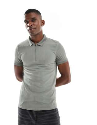 Asos Design Muscle Fit Polo In Khaki With Silver Zip-green