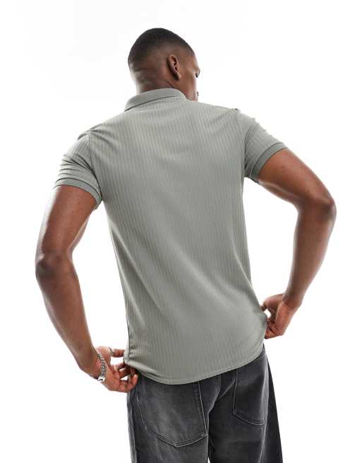 ASOS DESIGN muscle fit polo in khaki with silver zip