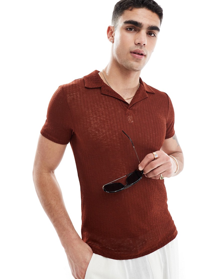 Asos Design Muscle Fit Polo In Sheer Textured Brown In Red