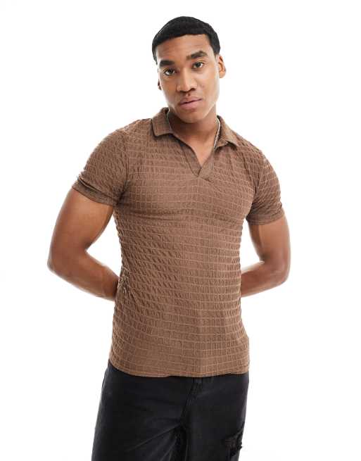  ASOS DESIGN muscle fit polo in textured brown