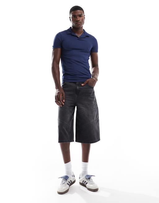  ASOS DESIGN - Muscle fit polo met geribbelde textuur in marineblauw